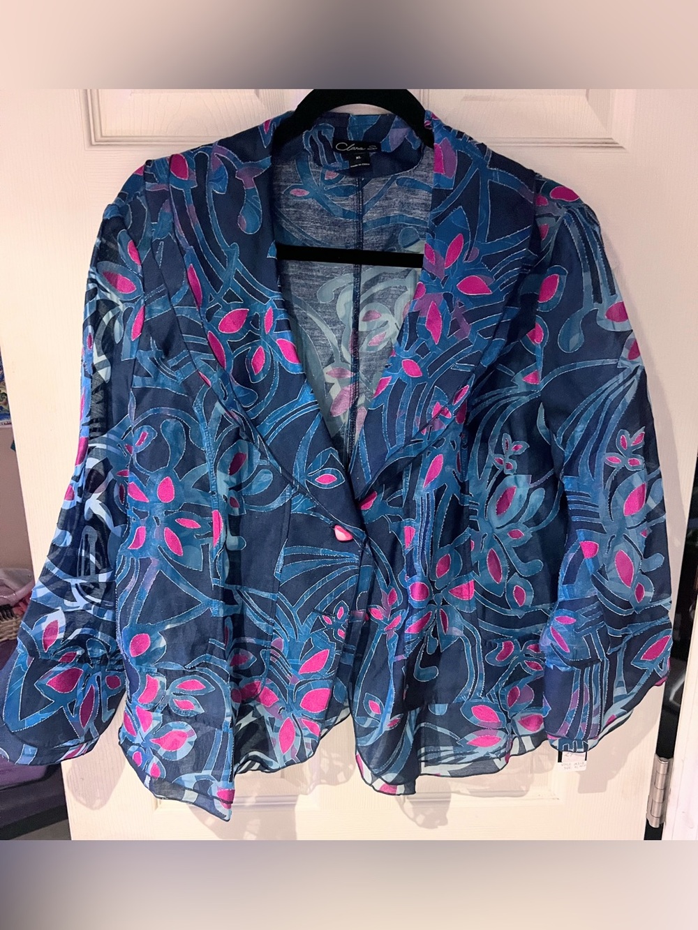 Clara S Sheer Navy Floral Button Jacket with Pink Accents Size XL